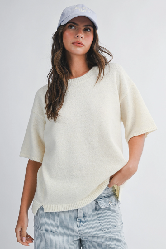 Crewneck Short Sleeve Knit Sweater Cream