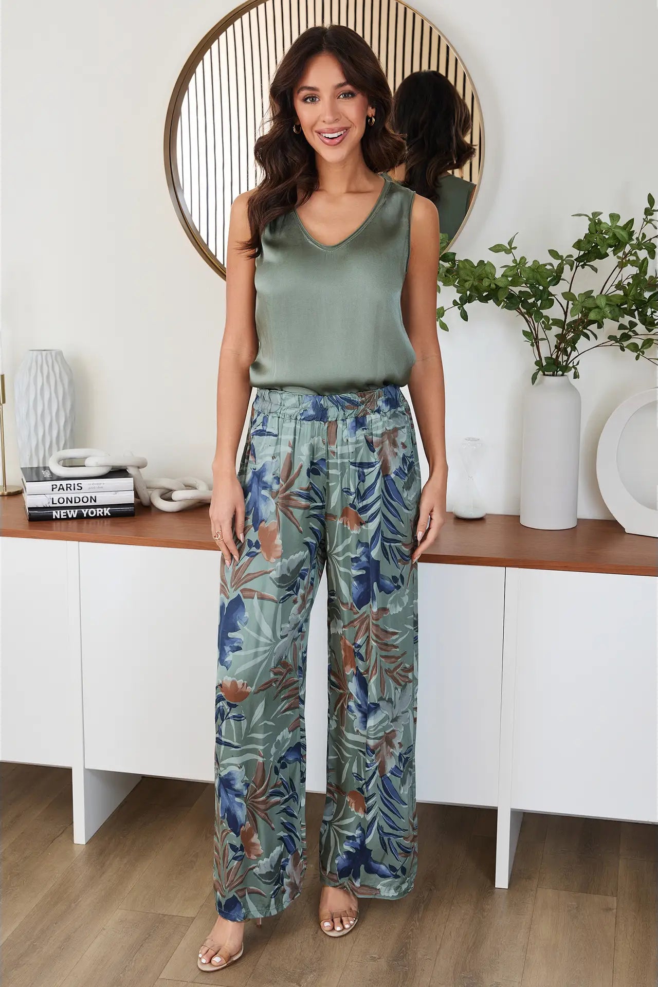 Silky Tank with Contrast Back Army Green