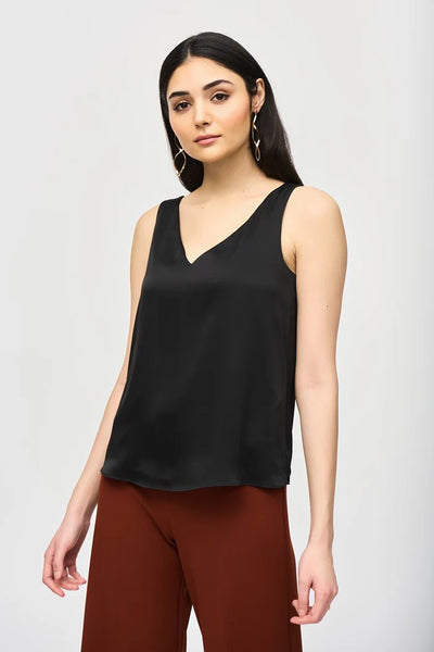 Black Sleeveless Satin V-Neck Top