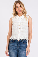 Smocked Sleeveless Button Down