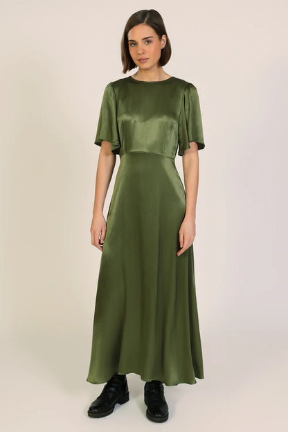 Rene Trumpet Sleeve Satin Dress