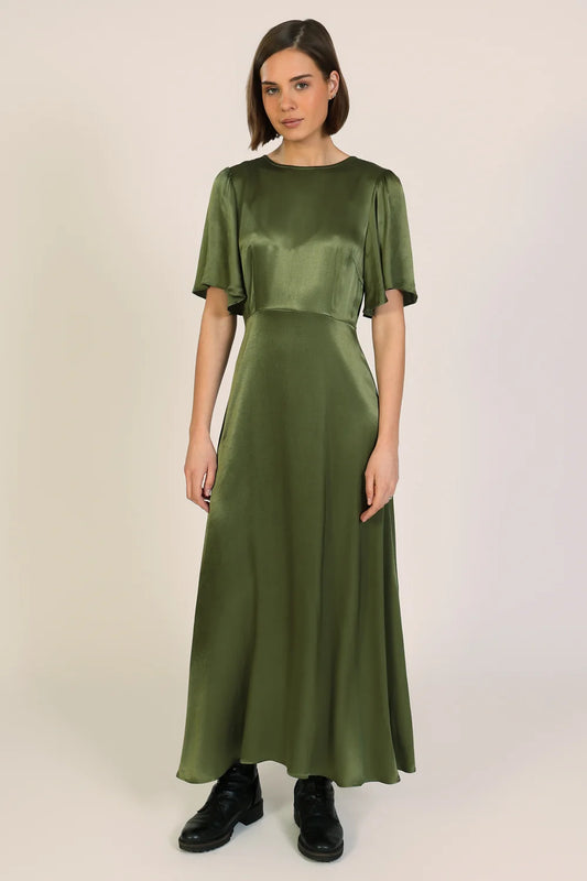 Rene Trumpet Sleeve Satin Dress