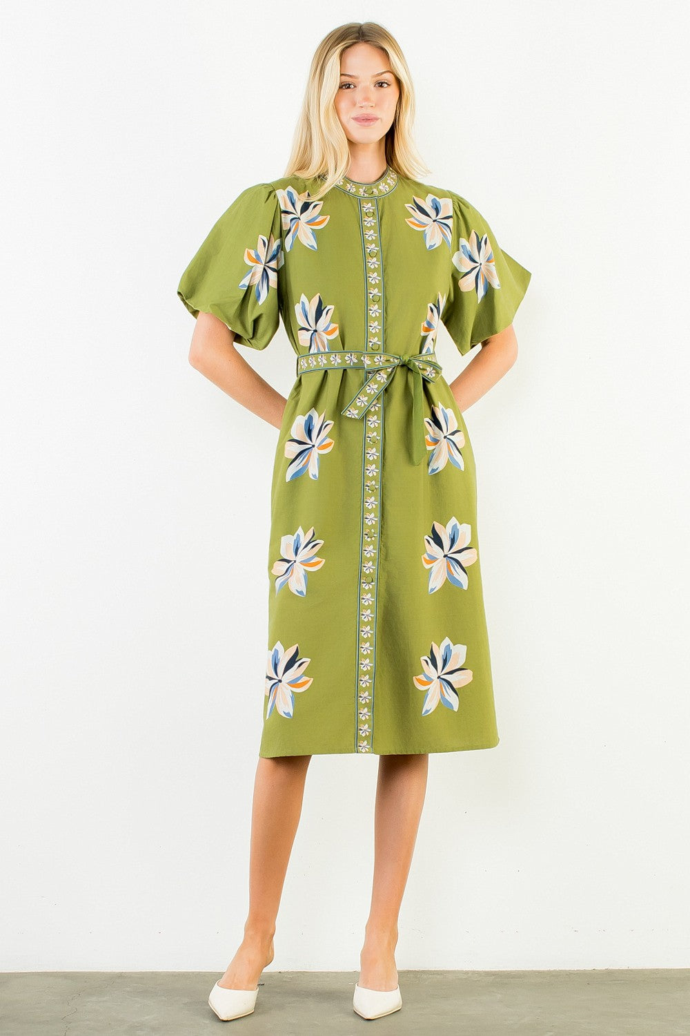 Spatial Blooms Puff Sleeve Midi Dress