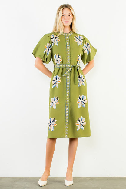Spatial Blooms Puff Sleeve Midi Dress