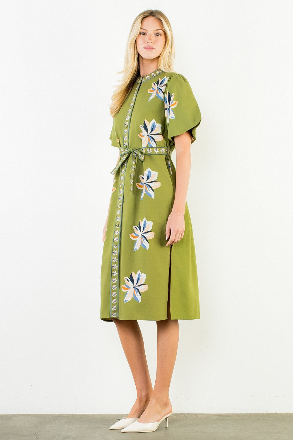 Spatial Blooms Puff Sleeve Midi Dress