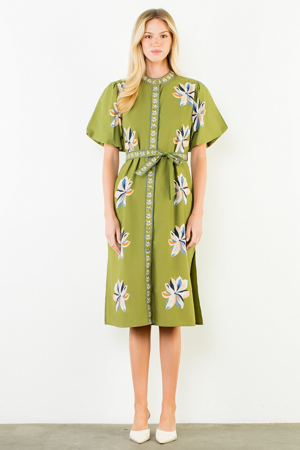Spatial Blooms Puff Sleeve Midi Dress