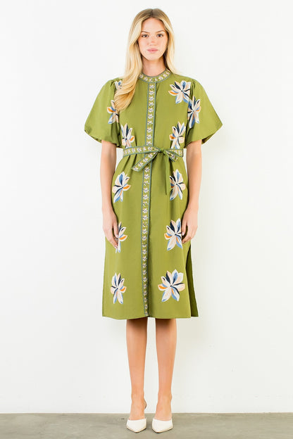 Spatial Blooms Puff Sleeve Midi Dress