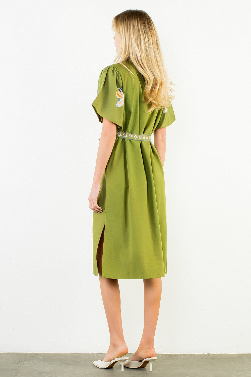 Spatial Blooms Puff Sleeve Midi Dress