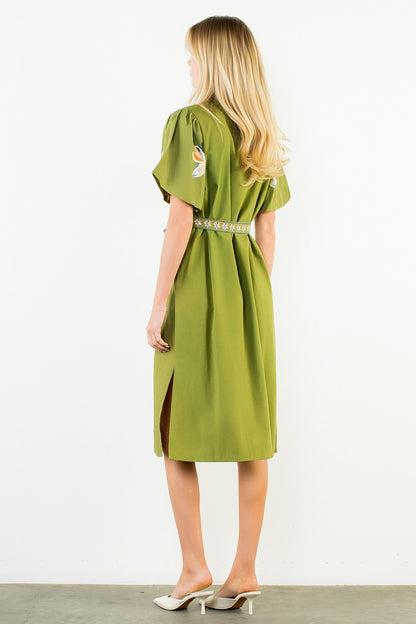 Spatial Blooms Puff Sleeve Midi Dress
