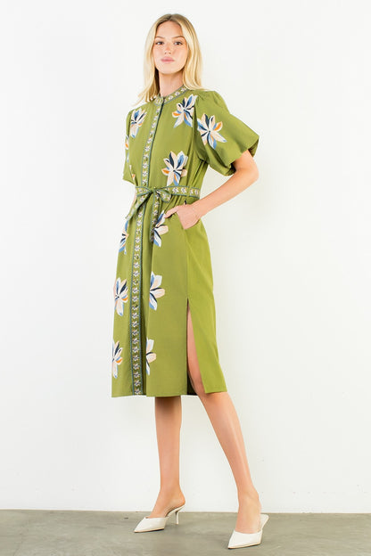 Spatial Blooms Puff Sleeve Midi Dress