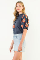 Embroidered Flower Puff Sleeve Top