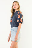 Embroidered Flower Puff Sleeve Top