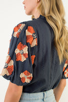 Embroidered Flower Puff Sleeve Top
