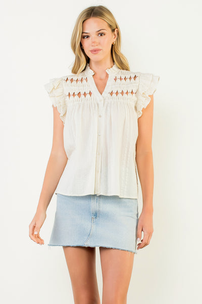 Ruffle Sleeve Split Neck Top