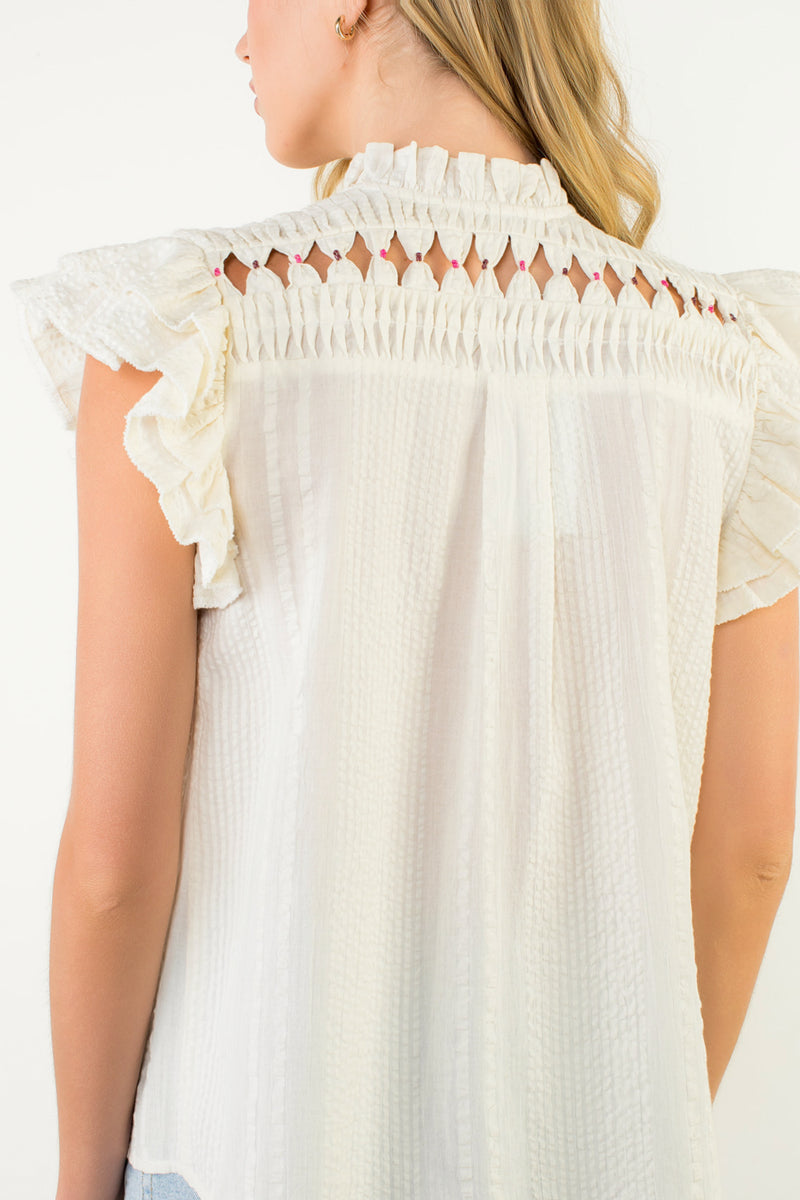 Ruffle Sleeve Split Neck Top – SF Siren