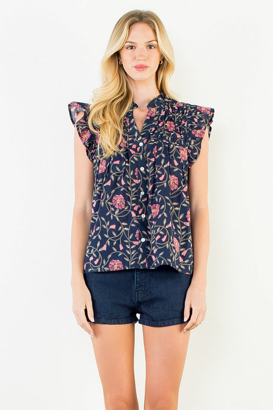 Flutter Sleeve Floral V-Neck Top