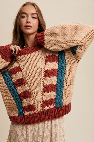 V-Striped Chunky Knit Sweater