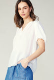 White Gathered Split Neckline Blouse