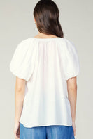 White Gathered Split Neckline Blouse