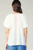 White Gathered Split Neckline Blouse