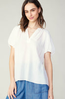 White Gathered Split Neckline Blouse