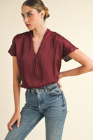 Wine V-Neck Satin Top