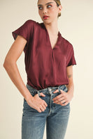 Wine V-Neck Satin Top