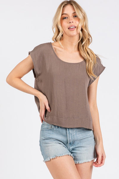 Woven Boxy Top Walnut Grey