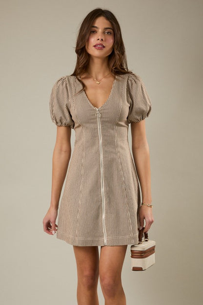 Zip Front Striped Mini Dress