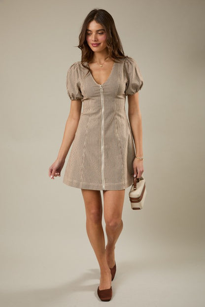 Zip Front Striped Mini Dress