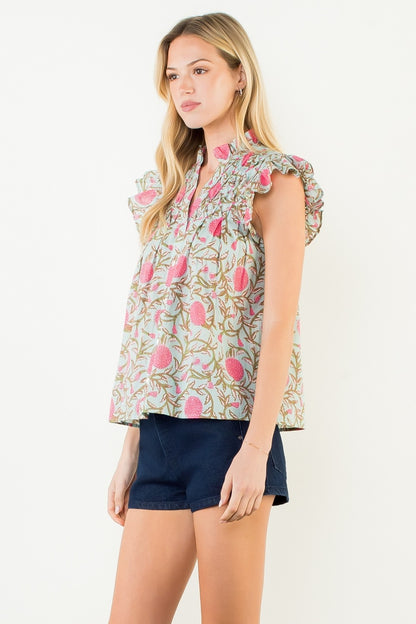 V-Neck Floral Flutter Sleeve Top