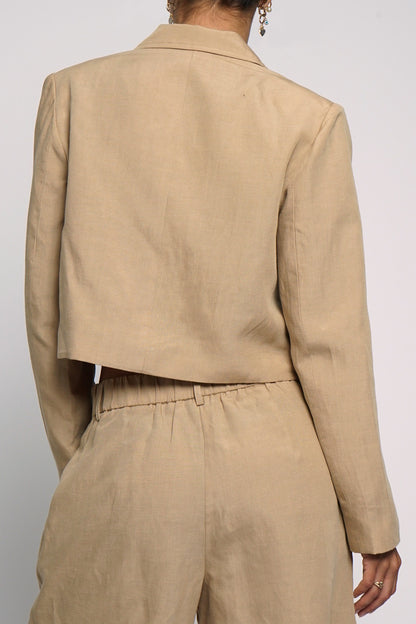 Cropped Boxy Linen Jacket Khaki