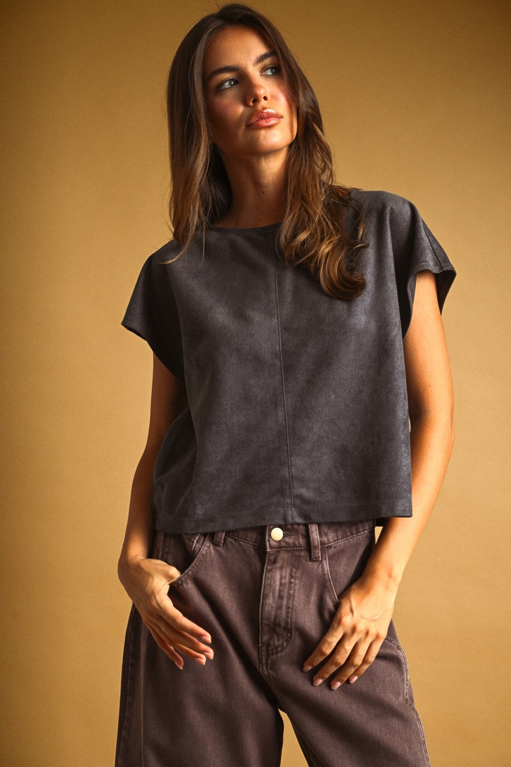 Sued Boxy Crop Top Grey