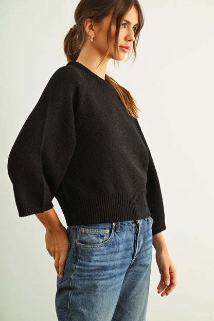 Round Neck 3/4 Sleeve Sweater Black