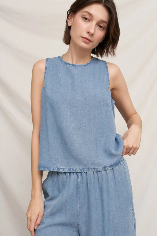 Back Button Denim Top