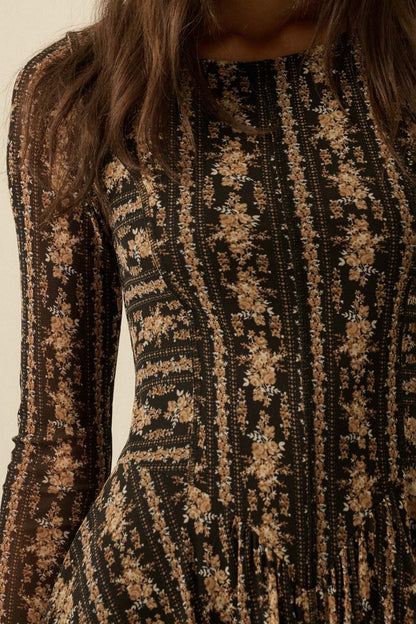Floral Mesh Long Sleeve Midi Dress