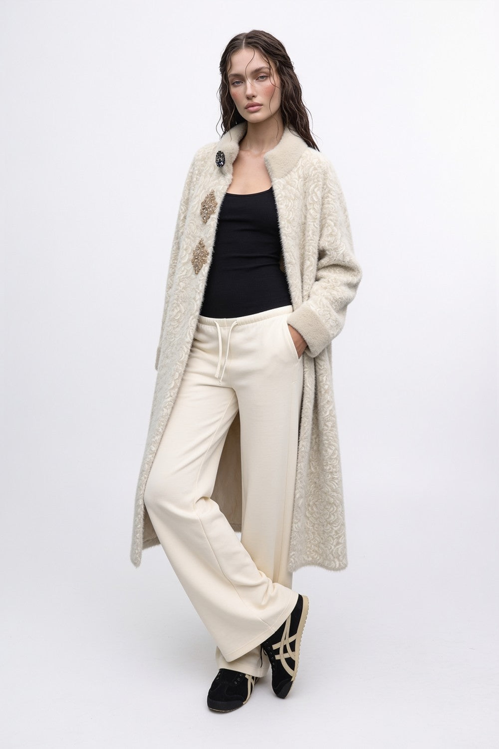 Floral Bouclé Embellished Coat Beige