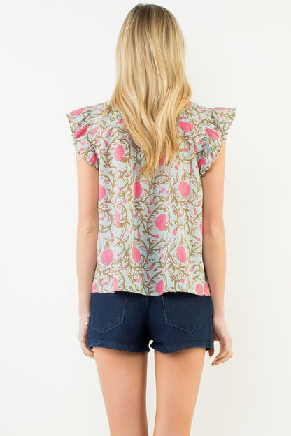 V-Neck Floral Flutter Sleeve Top