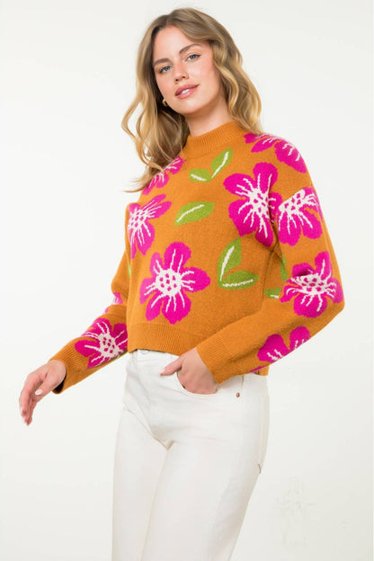 Floral Mock Neck Knit Sweater