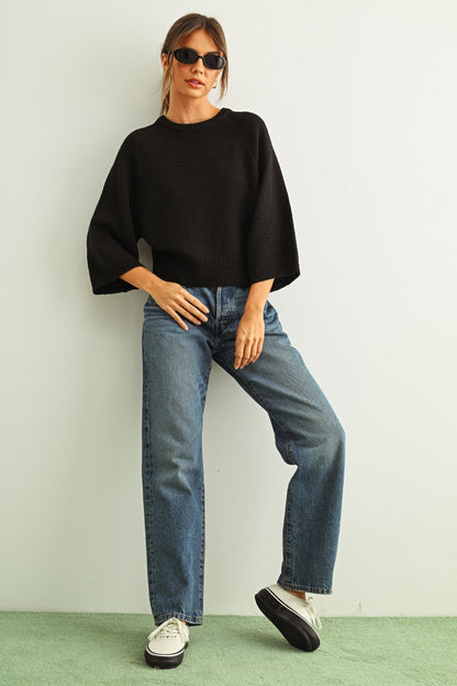 Round Neck 3/4 Sleeve Sweater Black