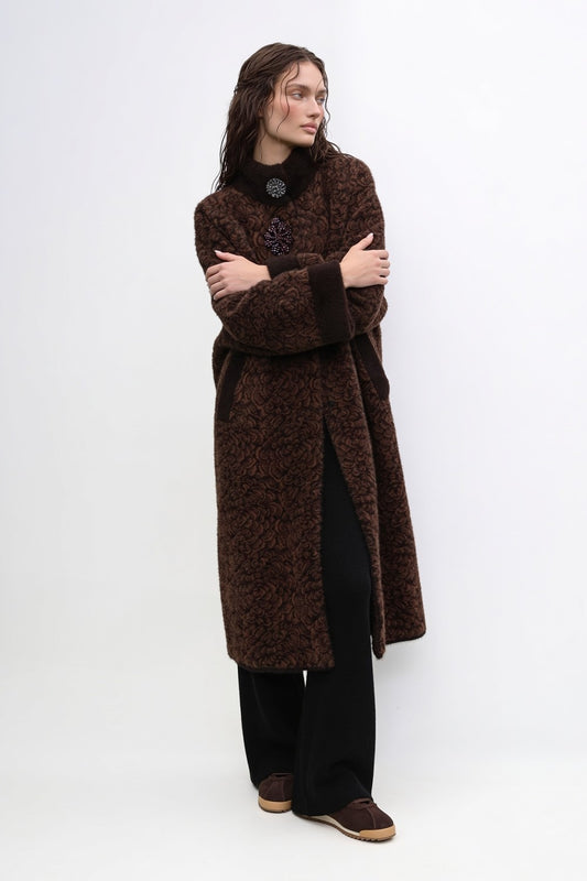 Floral Bouclé Embellished Coat Coffee