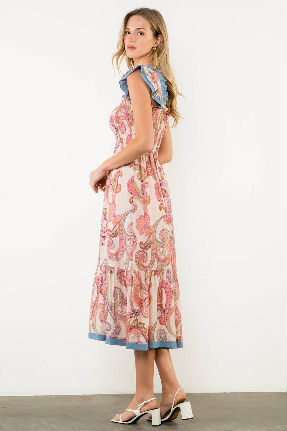 Smocked Flutter Sleeve Paisley Print Dress