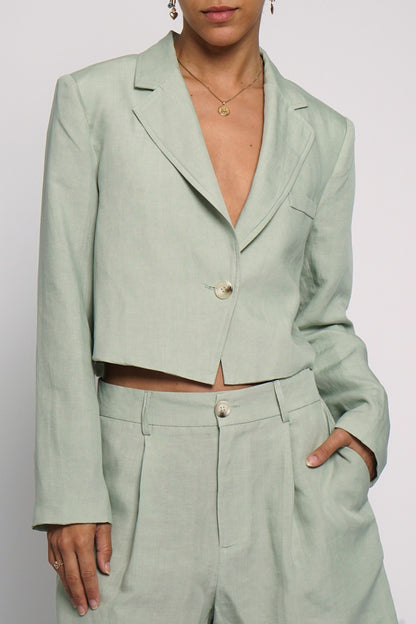 Cropped Boxy Linen Jacket Sage