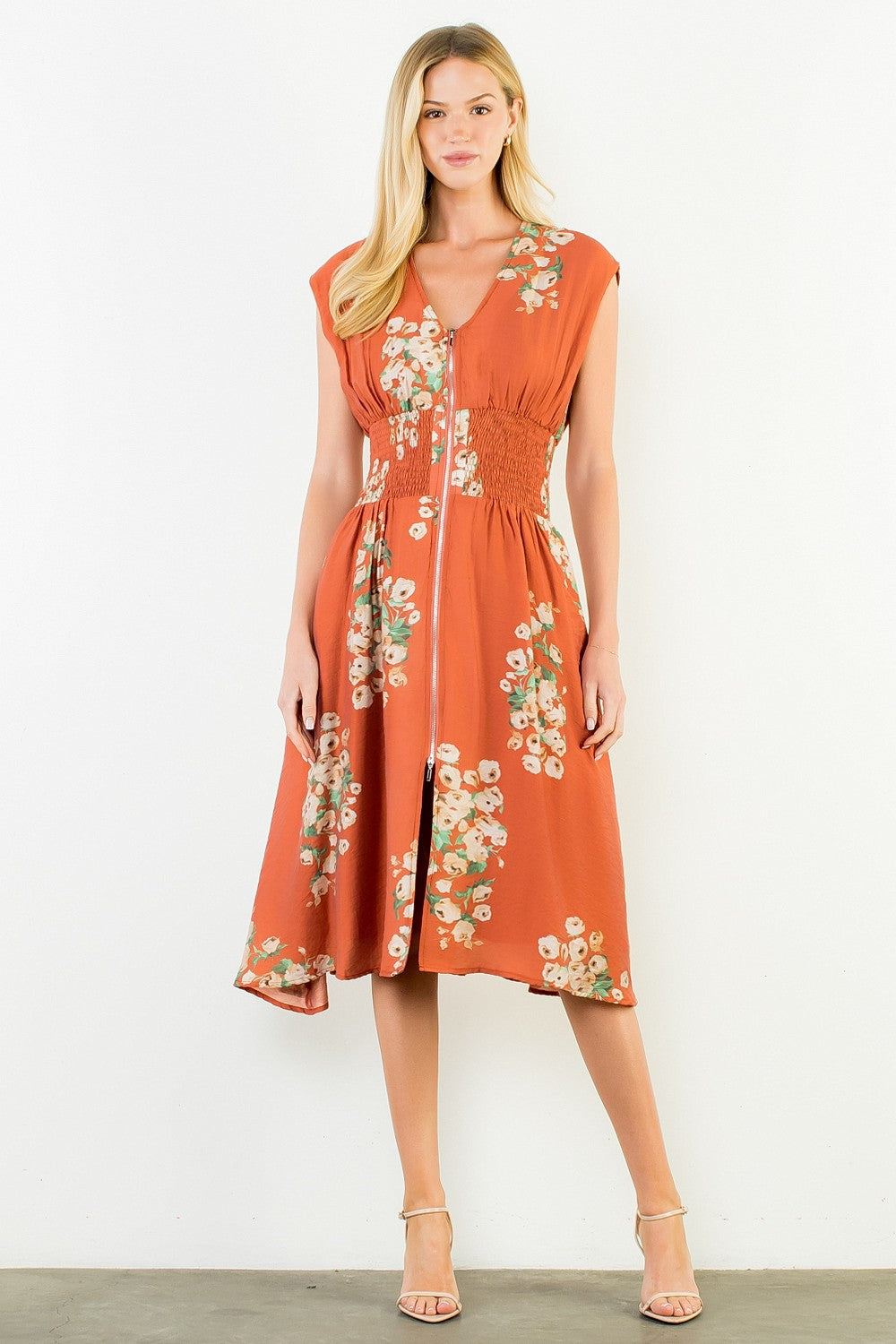 Sleeveless Floral Zipper Midi Dress Orange
