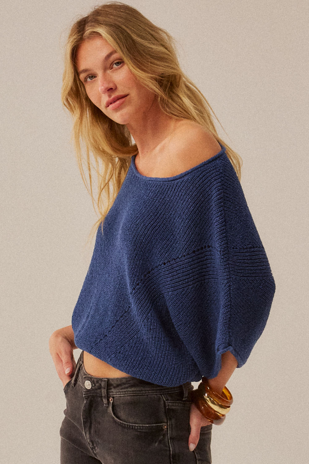 Short Sleeve Pointelle Ribbed Sweater