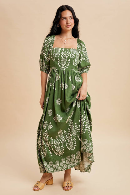 Border Print Square Neckline Dress