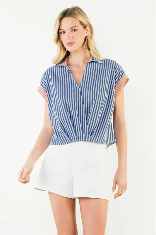 Short Sleeve Striped V-Neck Top