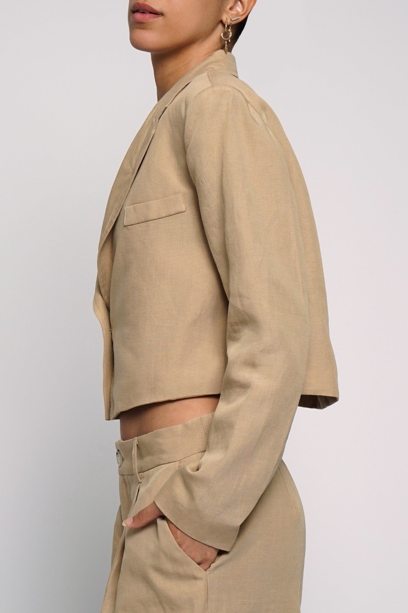 Cropped Boxy Linen Jacket Khaki