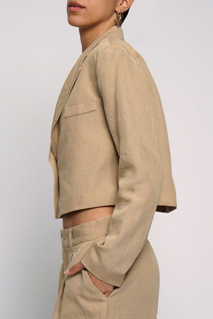 Cropped Boxy Linen Jacket Khaki
