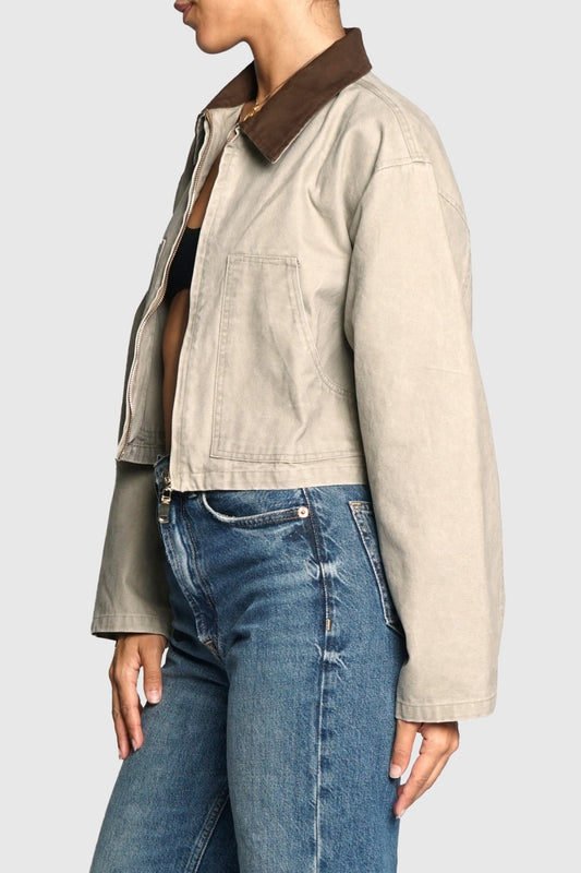 Zip Front Contrast Collar Cotton Jacket